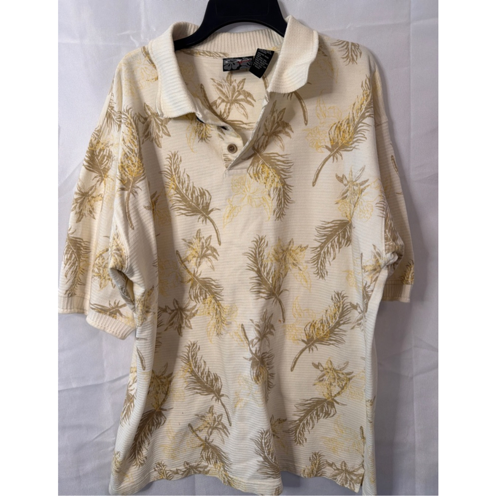Men's Op Polo L Beige Brown Palm Tree Print Resort Wear Y2K Dadcore Surf Beach